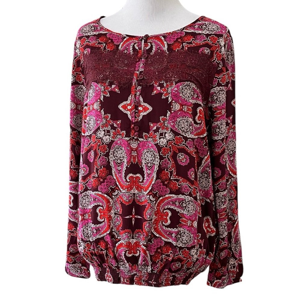 LUCKY BRAND LIVE IN LOVE LONG SLEEVE LIGHTWEIGHT PAISLEY BLOUSE RED SIZE MEDIUM